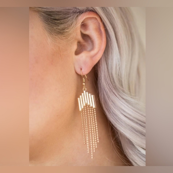 Radically Retro Golden Dangle Earrings - Picture 2 of 2